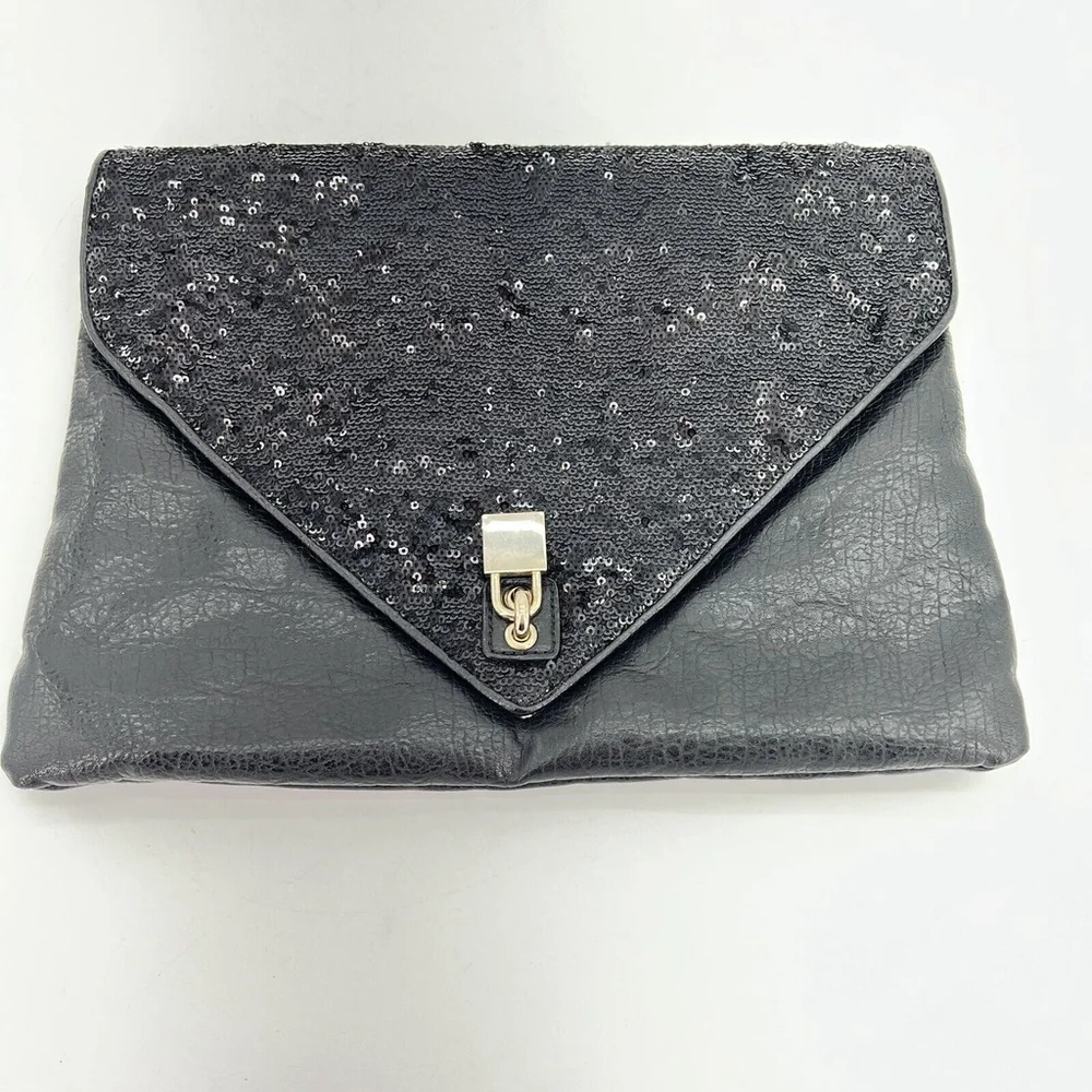 Alexis Hudson Black Leather Sequined Clutch Purse Handbag Faux Lock
